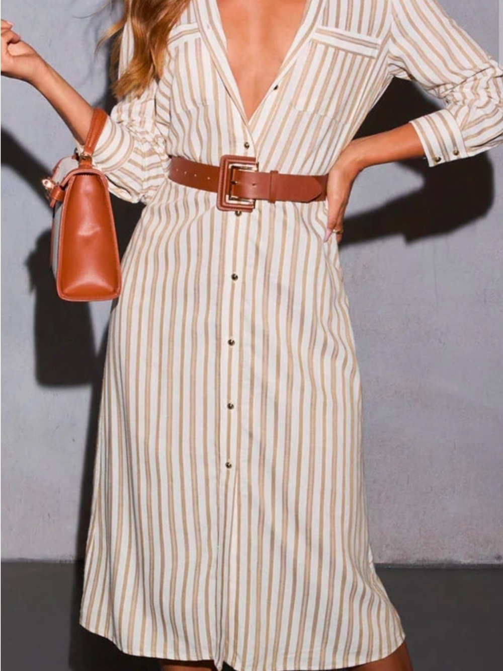 Vici Cream and Tan Striped Button-Front Midi Dress